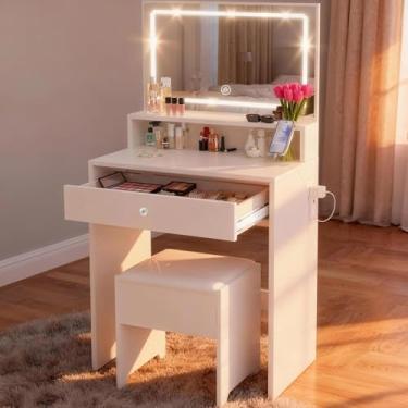 Imagem de KAI-ROAD Pequena Penteadeira Com Espelho E Luzes - Conjunto De Penteadeiras De Maquiagem Branca Mesa De Maquiagem Com Cadeira, Gavetas, Tomada E Espelho Iluminado, Mini Penteadeira Fofa Que Economiz