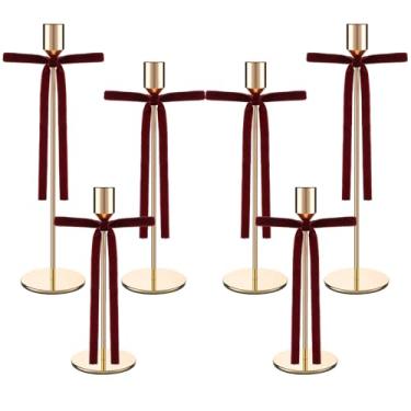 Imagem de Blushtier 6 peças de castiçais metálicos dourados com laço de veludo de Natal, pilar de ouro, castiçal alto, suporte de vela decorativo vintage para mesa e lareira de jantar