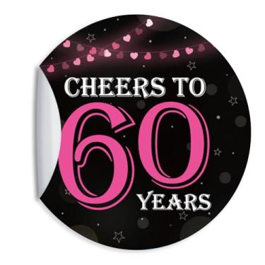 Imagem de ZEIKAEYR 80 adesivos rosa de aniversário de 60 anos - Cheers to 60 Years - Adesivos adesivos redondos de 3,8 cm - Suprimentos de decoração de aniversário de 60 anos - Ótimo para lembrancinhas de festa