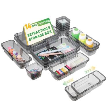 Imagem de Hiitytin Organizador de gaveta expansível preto, 14 peças, organizadores e armazenamento de gaveta de 3 tamanhos, divisórias de penteadeira, caixas de armazenamento de acrílico para maquiagem