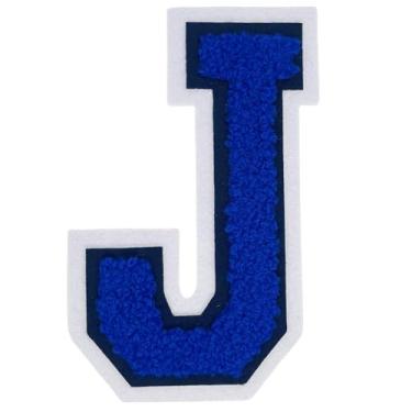 Imagem de 2 peças de adesivos de letras de chenille azul de 12,7 cm, adesivos do alfabeto bordados a ferro para roupas, jeans, jaquetas, mochilas, chapéus - letras universitárias com borda branca (letra J)