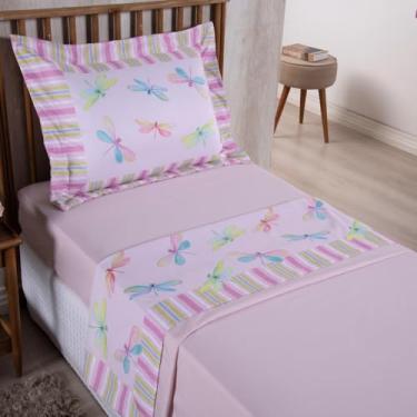 Imagem de Jogo de Lençol Infantil, 3 Peças, Solteiro, 100% Poliéster, 300 Fios, Estampa Digital, Lençol Superior, Lençol com Elástico e Fronha (Libélulas)