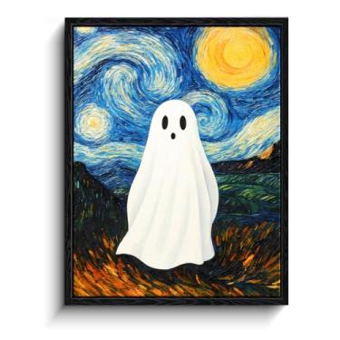 Imagem de Folha branca fantasma sob o céu estrelado em espiral, decoração de parede de fotos de fantasmas inspiradas em noite estrelada, arte de parede fantasma emoldurada, papel fosco de arquivo, imagens de