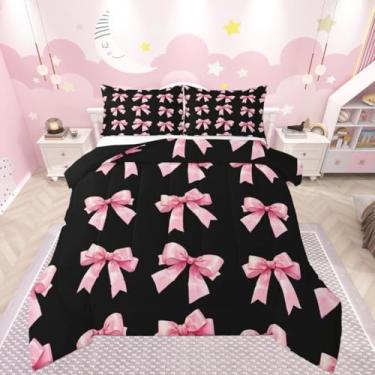 Imagem de meiyoeat Conjunto de edredom com laço preto e rosa, tamanho casal, fofo, para crianças, meninos, meninas, princesas, edredom kawaii, decoração de quarto de microfibra, 3 peças com 2 fronhas