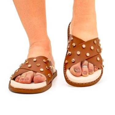 Imagem de Sandalia Casual Papete Feminina Flat Enfeite Metal Brilho Metalizado Plataforma Flatform (CARAMELO, BR, Adulto, Numérico, 34)