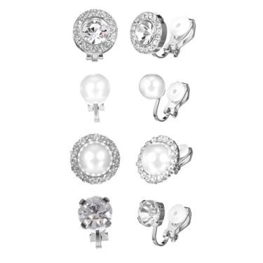 Imagem de 4 pares de brincos com clipe de zircônia cúbica, brincos de pérola branca com strass e strass, brincos de pressão confortáveis para mulheres, apresentações de ópera de dança, joias de festa de