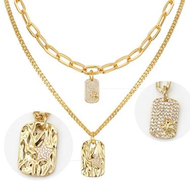 Imagem de NALISASA Colares em camadas para mulheres, gargantilha moderna banhada a ouro 14 K, corrente quadrada com pingente de estrela, colares delicados ajustáveis, joias presentes