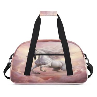 Imagem de Bolsa esportiva animal unicórnio nuvem rosa tamanho grande impermeável durável bolsa de noite bolsa de dormir bolsa de fim de semana bolsa de treino para dança, balé, academia, ginástica, mala de