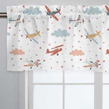 Imagem de KuphiL10C Cortina curta unissex com desenho animado aviões estrelas nuvens berçário saia com bolso para varão para meninos meninas crianças crianças pequenas quarto sala de estar janela decoração