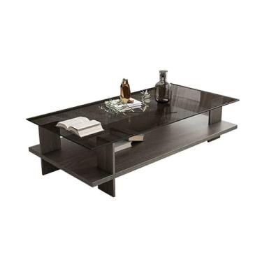 Imagem de Yadlan Mesa de centro de vidro moderna para sala de estar, mesa de chá retangular de casa de fazenda moderna com tampo de vidro temperado e moldura de madeira maciça cinza 120 cm x 60 cm