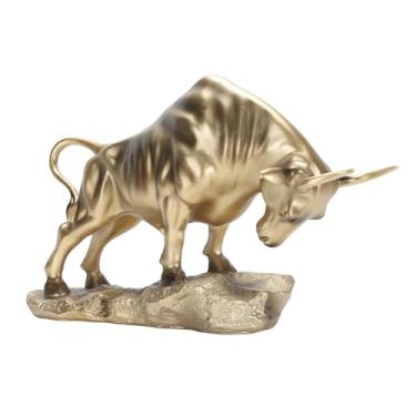 Imagem de Mbeysaq Estatueta de touro de resina requintada escultura decorativa de riqueza de boi figura de vaca de latão da sorte para sala de estar e escritório. Estátua artística de boi como uma peça