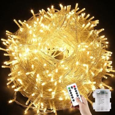 Imagem de YUANHUYUOU Luzes de corda de Natal, 10 m, 80 LED, luzes de fadas com controle remoto, luzes de corda à prova d'água operadas por bateria para decoração interna e externa, jardim e casamento (branco