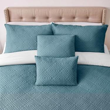 Imagem de Clara Clark Colchas tamanho solteiro – conjunto de colcha para todas as estações, conjunto de cama leve de trama Pinsonic – Conjunto de colcha de solteiro de 5 peças com fronhas, azul pedra - diamante