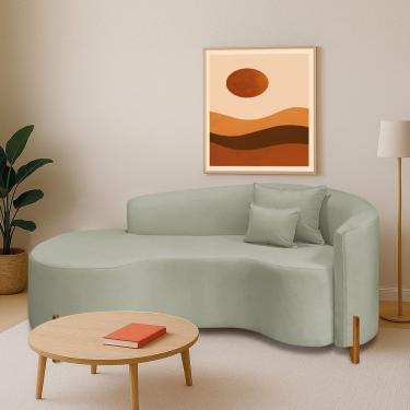 Imagem de Divã Recamier Curvo Sala De Estar Recepção Inglaterra 180cm Pés Madeira Lado Esquerdo Bouclé Verde Oliva