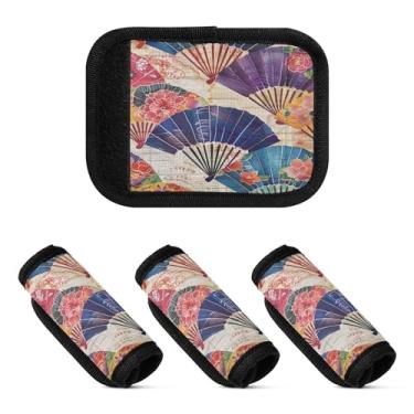 Imagem de Qilmy Leque de flores estilo japonês, alça de bagagem, embalagem com 4 identificadores de bagagem, identificadores de bagagem, capa confortável para carrinho de bebê, mala de viagem, acessórios de