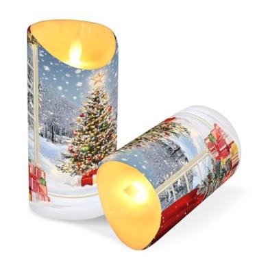 Imagem de Blueangle Pacote com 2 velas de árvores de Natal nevadas sem chama com controle remoto e temporizador, velas LED cintilantes (7,6 cm x 9,9 cm) para decoração de casa, casamento, acampamento (968)
