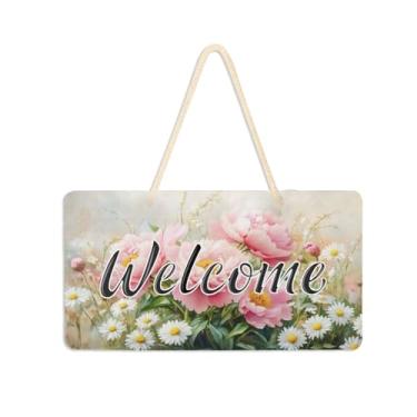 Imagem de Burbuja Placa de boas-vindas de flores para porta da frente, placa de boas-vindas de PVC para decoração de férias, 15 x 28 cm