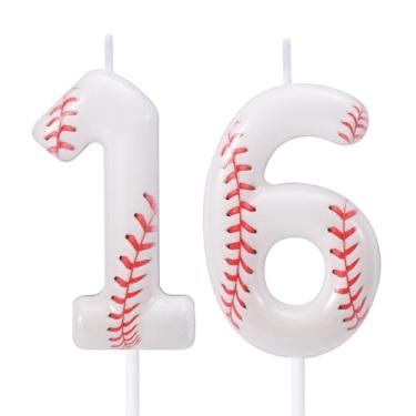 Imagem de Vela de Aniversário Beisebol, Topo de Bolo Beisebol Vermelho e Branco Decoração Bolo com Tema Esportivo para Festas Aniversários e Comemorações (Número 16)
