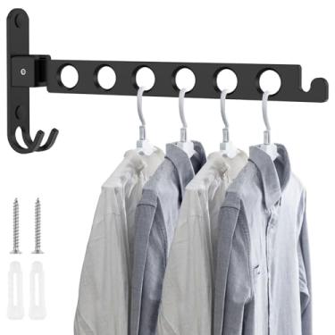 Imagem de Tcwhniev Suporte de parede dobrável, prateleira de secagem de roupas dobrável com ganchos. Suporte de parede dobrável de liga de alumínio para economia de espaço para lavanderia e quarto, preto