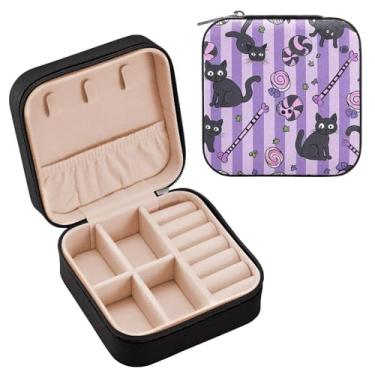 Imagem de YETTASBIN Caixa de joias de gato de Halloween para adolescentes, meninas, mulheres, presente de aniversário, Natal, caixa de armazenamento portátil de couro PU, mini estojo de joias de viagem para