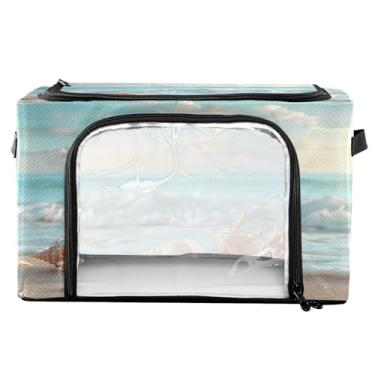 Imagem de xigua Caixotes de armazenamento de roupas de praia com areia dourada com moldura de metal, 2 formas de abertura, caixa organizadora de roupas dobrável com janela transparente e alças para roupas