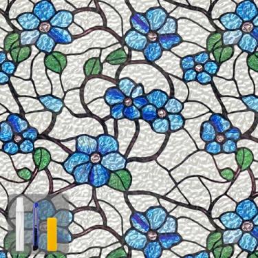 Imagem de Película de privacidade para janela QHY Sunshine com ferramenta de instalação, adesivos decorativos para vitrais, película reutilizável para janela (ondulação índigo, 35,4 x 157,4)