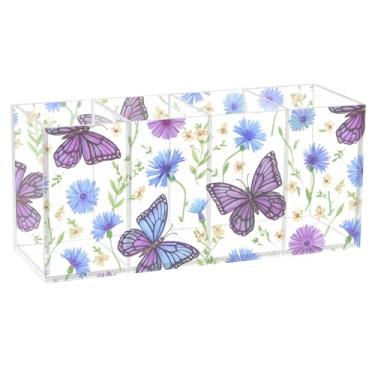 Imagem de Burbuja Porta-canetas de acrílico Butterflies com 4 compartimentos, suporte de lápis transparente para pincéis de maquiagem, acessórios de mesa de escritório em casa