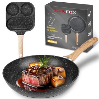 Imagem de Conjunto de Frigideiras, 2 Peças, Revestimento Antiaderente de Mármore,Cabo de Madeira, Preto