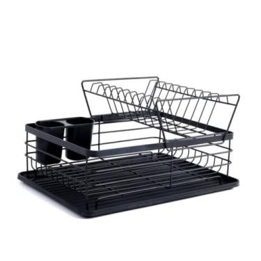 Imagem de Escorredor de Louças 2 Andares, Metal e Plástico, Preto Fosco, 22x29x39cm, com Suporte para Talheres e Bandeja Coletora