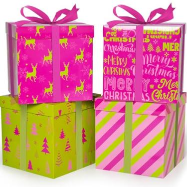 Imagem de Cinrobiye 4 caixas de presente de Natal com tampa, fita e papéis de seda, caixa de papelão quadrada de Natal e inverno preto e branco de 23 cm para embrulho de presente, presente de feriado