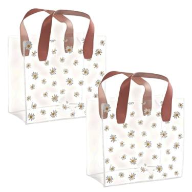 Imagem de Heran Pacote com 2 sacos de presente transparentes de aniversário com alças, 24 x 23 x 14 cm em bolsa de plástico transparente para flores, bolsa reutilizável de PVC resistente à água para