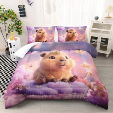 Imagem de AILONEN Conjunto de edredom solteiro com estampa de capivara, estampa de borboleta, nuvem sonhadora, 3D, kawaii, capivara, roedor, animal e 2 fronhas, 3 peças