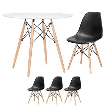 Imagem de Loft7, Kit - Mesa redonda Eames 90 cm branco + 3 cadeiras Eiffel Dsw Preto