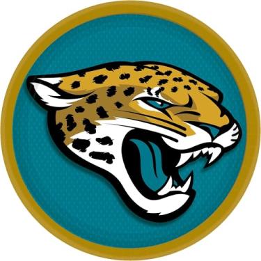 Imagem de Amscan Jacksonville Jaguars Pratos de papel redondos - 23 cm (pacote com 18), pratos descartáveis e sem bagunça, perfeitos para festas temáticas da NFL, eventos esportivos e muito mais