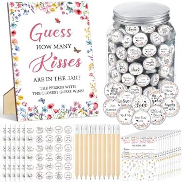 Imagem de Gersoniel 242 peças Guess How Many Kisses Jogos de chá de panela 1 placa de pé 50 cartões de adivinhação 180 adesivos beijos de flores silvestres 10 lápis 1 pote para chá de panela e casamentos