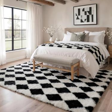 Imagem de GENIMO Tapete quadriculado 15 x 23 cm para quarto de crianças, macio, felpudo, tapete felpudo para sala de estar, berçário, sala de jogos, dormitório, decoração de casa moderna, estética, preto e