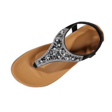 Imagem de Sandálias rasteiras elásticas de strass para mulheres, casual, primavera e verão, praia com sola de poliuretano, Preto, 38