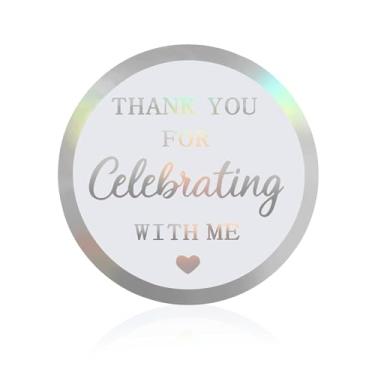 Imagem de 120 peças de adesivos Thank You for Celebrating with Me, adesivos de presentes de agradecimento, etiquetas redondas de prata arco-íris de 5 cm para pequenas empresas, aniversário, casamento