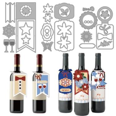 Imagem de MAYJOYDIY Etiqueta de garrafa, matrizes de corte de metal, garrafa de vinho, rótulo de presente, estêncil, arco de borboleta, padrão floral, molde de gravação para bricolage, artesanato, cartões
