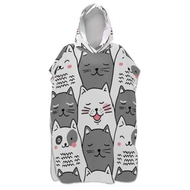 Imagem de TSENQUE Roupão de mudança de gato fofo cinza branco para adultos, poncho de surfe, reutilizável, feminino, com capuz, toalha de natação