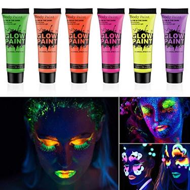 Imagem de Dioche Pintura Facial e Corporal de Luz Negra que Brilha No Escuro Pigmento Luminescente de Longa Duração Lavável para Boates, Festivais, Festas de Halloween, Conjunto de 6 Peças (PURPLE)