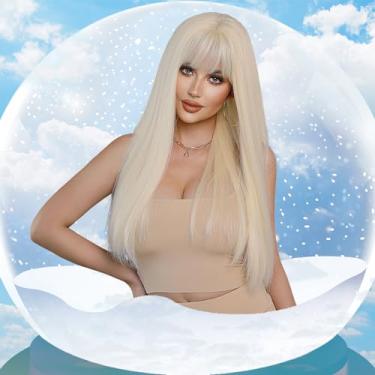 Imagem de 7JHH WIGS Peruca longa reta 66 cm com franja 613 peruca sintética resistente ao calor loira para perucas de aparência natural para mulheres Cospaly Fies