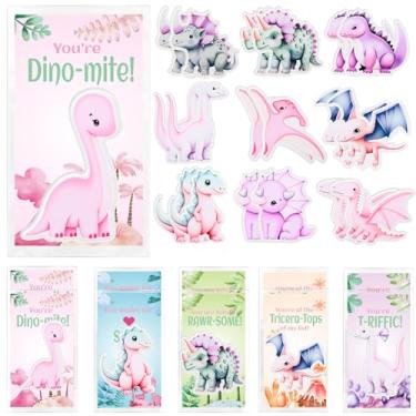 Imagem de Sinload 20 conjuntos de lembrancinhas de festa de dinossauro, alfinetes de acrílico rosa de dinossauro, cartões inspiradores, sacos transparentes, suprimentos de festa de aniversário, presentes
