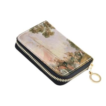 Imagem de Carteira feminina com porta-cartões de crédito com bloqueio de RFID, carteira pequena com zíper e bolsa para moedas, estampa artística Antoine Watteau