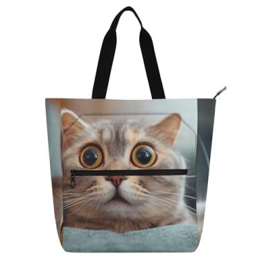 Imagem de GAIGEO Bolsa de trabalho engraçada com estampa de gato gatinho para mulheres, bolsas de tecido de lona, universidade, escola, utilitário, escritório, com compartimentos