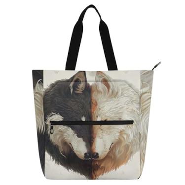 Imagem de GAIGEO Bolsa feminina preta branca para casais de lobos para trabalho, escola, bolsa reutilizável, com compartimentos