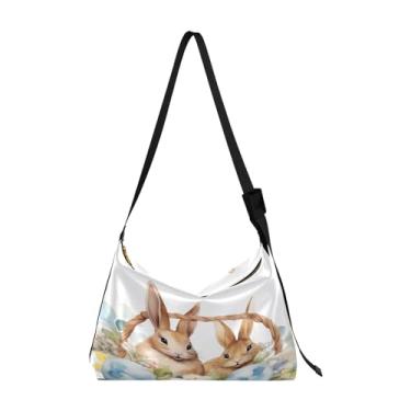 Imagem de Bolsa tiracolo vegana Two Bunny Rabbits Sitting in Basket, bolsa de ombro de couro sintético, bolsa tiracolo masculina, Coelhinhos da Páscoa em cesta com flores - 2, One Size