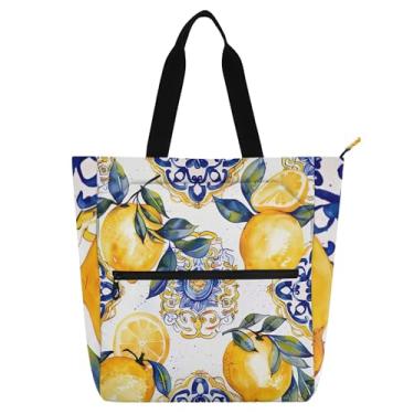 Imagem de Sacola clássica floral azul limão para mulheres e crianças, bolsa com zíper, bolsa de viagem para trabalho escolar, presente de lona
