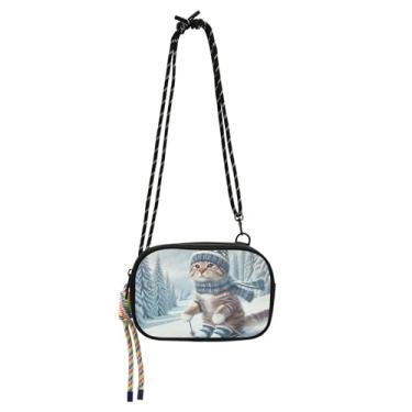 Imagem de Bolsa tiracolo feminina de gato de esqui fofa bolsa tiracolo pequena carteira de telefone bolsas engraçadas e fofas bolsas de ombro
