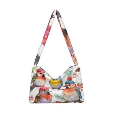 Imagem de Bolsa de ombro de pássaros coloridos, bolsa de pelúcia sob o braço, bolsas de ombro femininas, Beautiful Birds Are In Snow-2, One Size